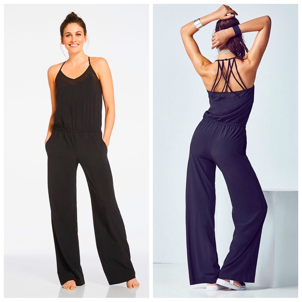 FABLETICS Black Dash Strappy Wide Leg Balck 
Jumpsuit Size S.